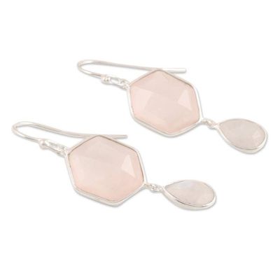 Alternate image for Hexagonal Rose Quartz and Rainbow Moonstone Dangle Earrings Gleaming Hexes