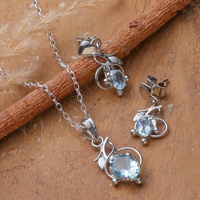 Primary image for 6-Carat Blue Topaz Necklace and Earrings Leafy Jewelry Set Serene Heaven