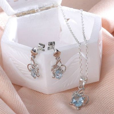 Alternate image for 6-Carat Blue Topaz Necklace and Earrings Leafy Jewelry Set Serene Heaven