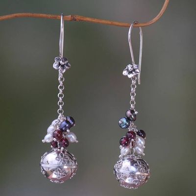 Alternate image for Floral Sterling Silver Earrings with Garnets and Pearls Flower Chime