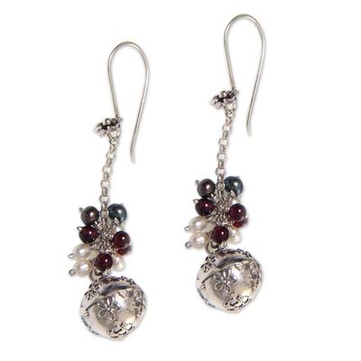 Alternate image for Floral Sterling Silver Earrings with Garnets and Pearls Flower Chime