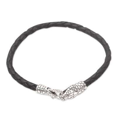 Alternate image for Mens Black Leather and Sterling Silver Bracelet Magic Snake