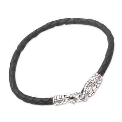 Alternate image for Mens Black Leather and Sterling Silver Bracelet Magic Snake
