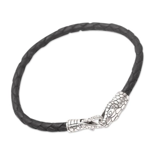 Alternate image for Mens Black Leather and Sterling Silver Bracelet Magic Snake