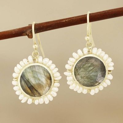 Primary image for Labradorite and Cultured Pearl Dangle Earrings from India Petal Glow