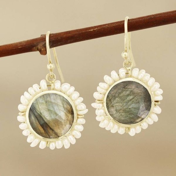 Alternate image for Labradorite and Cultured Pearl Dangle Earrings from India Petal Glow