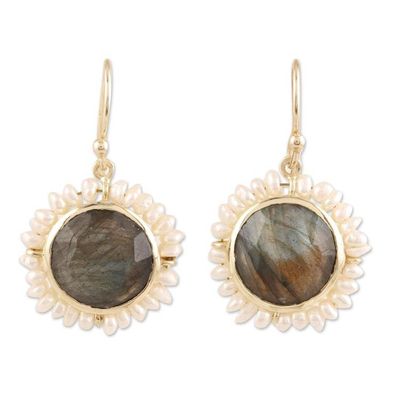 Alternate image for Labradorite and Cultured Pearl Dangle Earrings from India Petal Glow