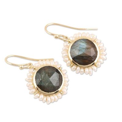 Alternate image for Labradorite and Cultured Pearl Dangle Earrings from India Petal Glow