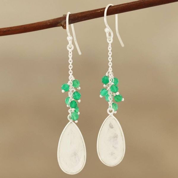 Alternate image for Rainbow Moonstone and Green Onyx Dangle Earrings from India Misty Green
