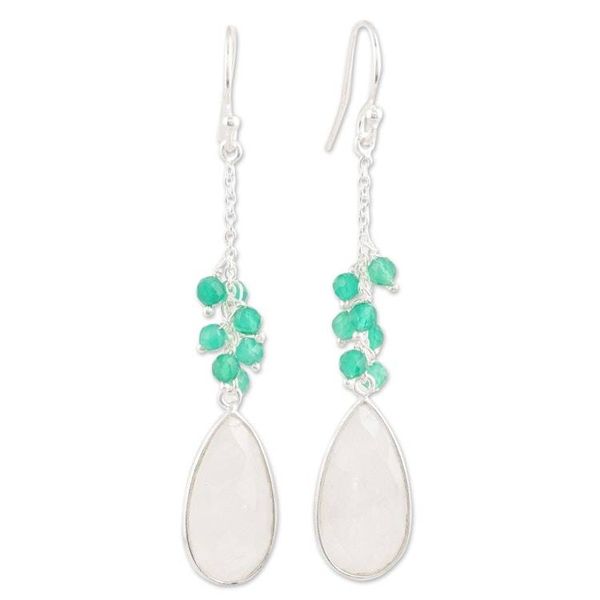 Alternate image for Rainbow Moonstone and Green Onyx Dangle Earrings from India Misty Green