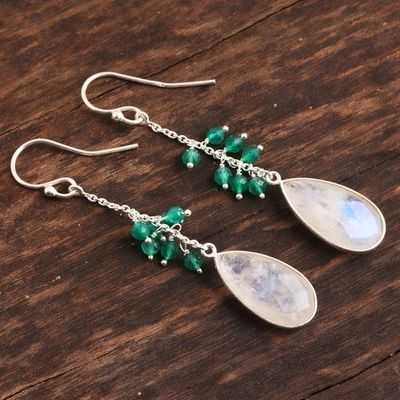 Alternate image for Rainbow Moonstone and Green Onyx Dangle Earrings from India Misty Green