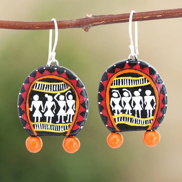 Alternate image for Hand Painted Ceramic Dangle Earrings Warli Tribal