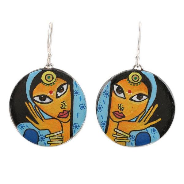 Alternate image for Hand Painted Terracotta Dangle Earrings Rajasthani Woman