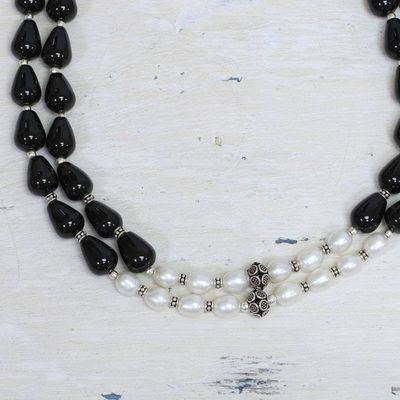 Alternate image for Pearl and onyx strand necklace Majestic Union
