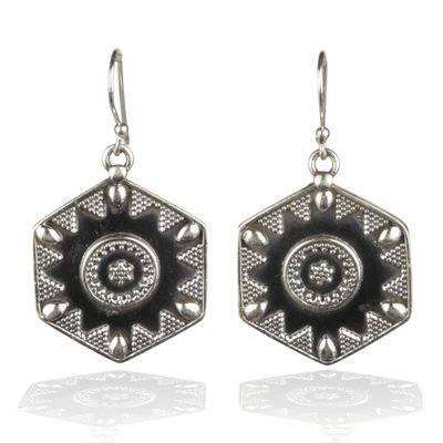Alternate image for Hexagonal Polished and Oxidized Sterling Silver Earrings Hexagonal Heritage