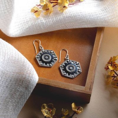 Alternate image for Hexagonal Polished and Oxidized Sterling Silver Earrings Hexagonal Heritage