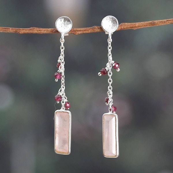 Alternate image for Three-Carat Natural Rose Quartz and Garnet Dangle Earrings Avant-Garde Romance