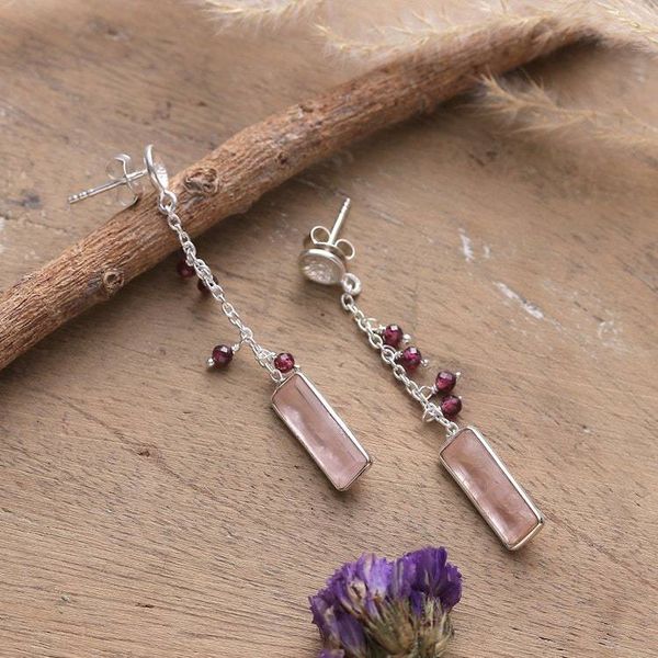 Alternate image for Three-Carat Natural Rose Quartz and Garnet Dangle Earrings Avant-Garde Romance