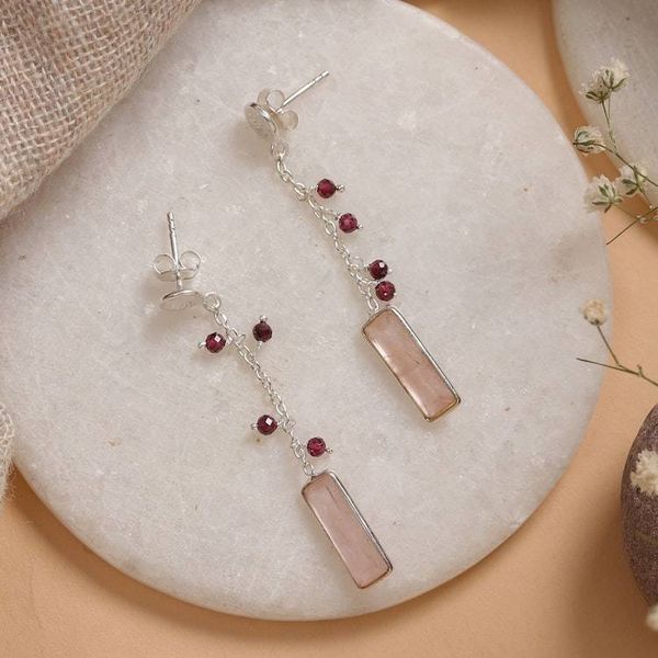 Alternate image for Three-Carat Natural Rose Quartz and Garnet Dangle Earrings Avant-Garde Romance