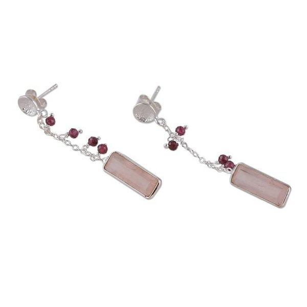 Alternate image for Three-Carat Natural Rose Quartz and Garnet Dangle Earrings Avant-Garde Romance