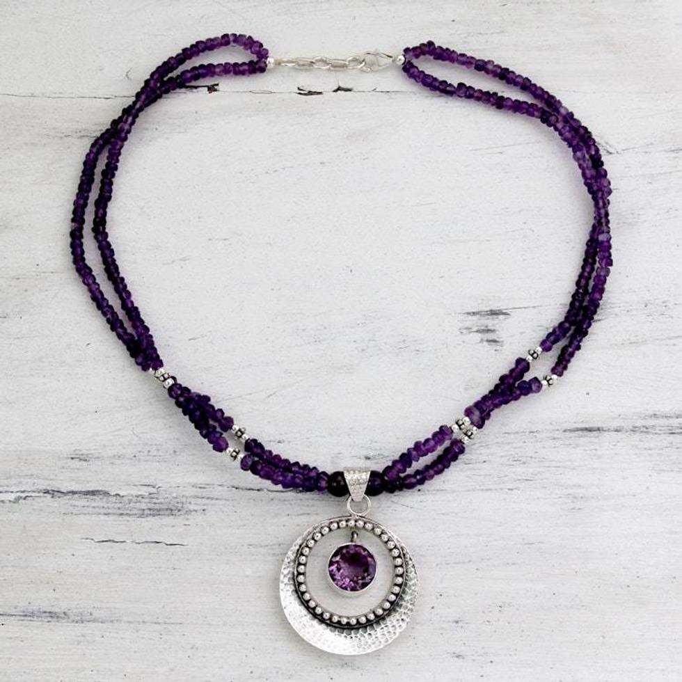 Indian Jewelry Sterling Silver Beaded Amethyst Necklace 'Beautiful Essence'