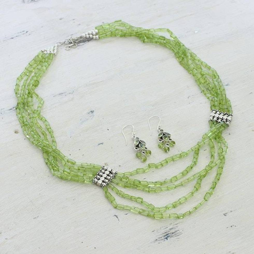 Artisan Crafted Peridot Sterling Silver Beaded Jewelry Set 'Forever Love'