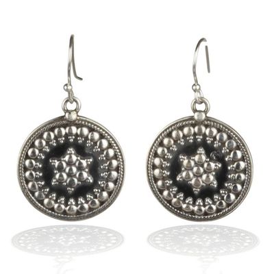 Alternate image for Folk Art Star-Themed Polished and Oxidized Dangle Earrings Star of Ancestors