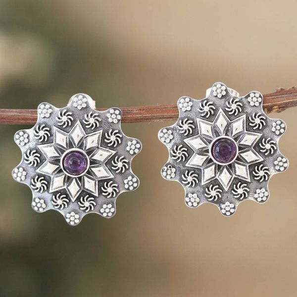 Alternate image for Star-Shaped Sterling Silver Drop Earrings with Amethyst Gems Primaveral Wisdom