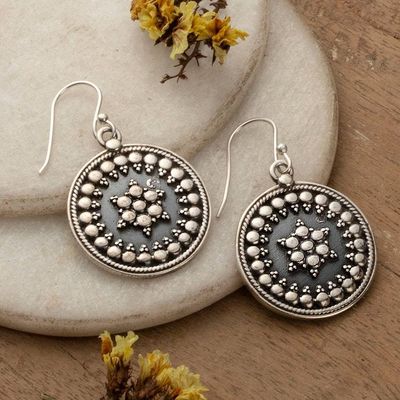 Alternate image for Folk Art Star-Themed Polished and Oxidized Dangle Earrings Star of Ancestors