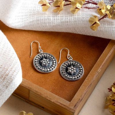 Alternate image for Folk Art Star-Themed Polished and Oxidized Dangle Earrings Star of Ancestors