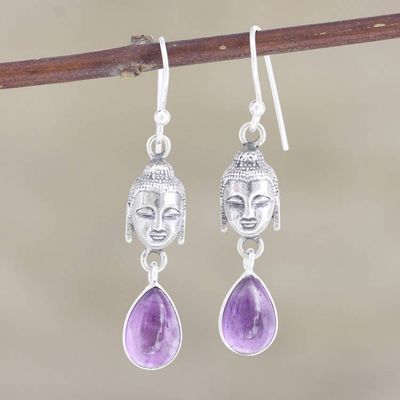 Alternate image for Amethyst and Sterling Silver Buddha Dangle Earrings Violet Buddha