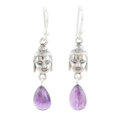 Alternate image for Amethyst and Sterling Silver Buddha Dangle Earrings Violet Buddha