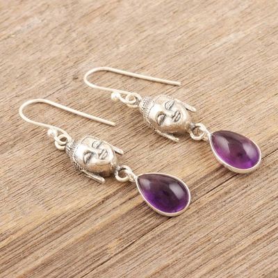Alternate image for Amethyst and Sterling Silver Buddha Dangle Earrings Violet Buddha