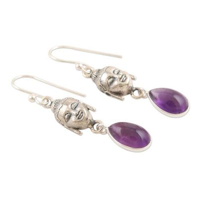 Alternate image for Amethyst and Sterling Silver Buddha Dangle Earrings Violet Buddha