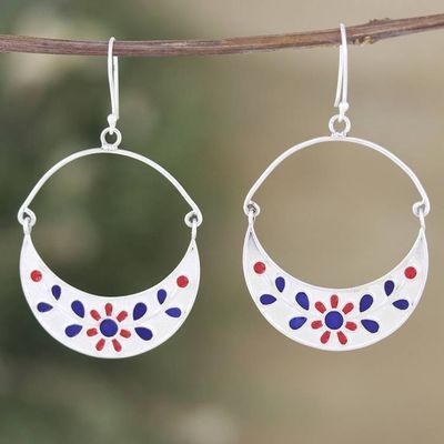 Primary image for Floral Hand-Painted Sterling Silver Dangle Earrings Jaipur Moons