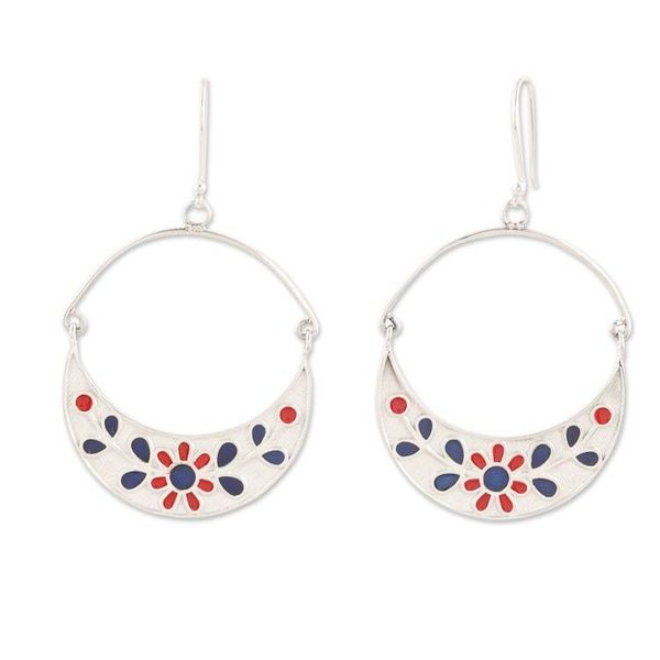 Alternate image for Floral Hand-Painted Sterling Silver Dangle Earrings Jaipur Moons