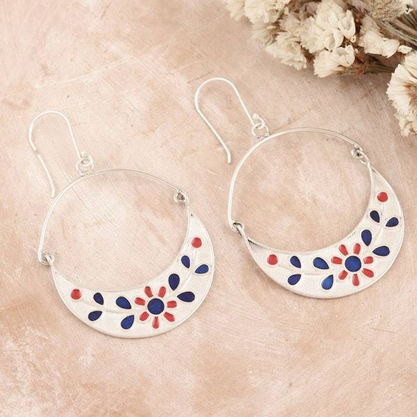 Alternate image for Floral Hand-Painted Sterling Silver Dangle Earrings Jaipur Moons