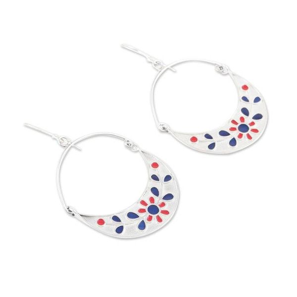 Alternate image for Floral Hand-Painted Sterling Silver Dangle Earrings Jaipur Moons