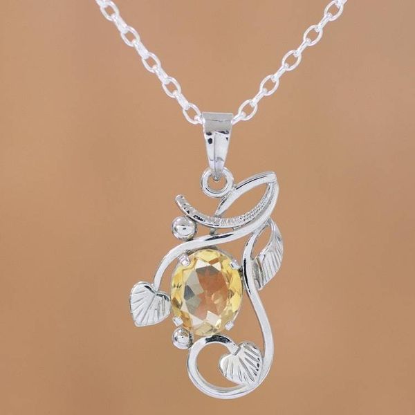 Alternate image for Rhodium Plated Citrine Pendant Necklace from India Sunny Vines