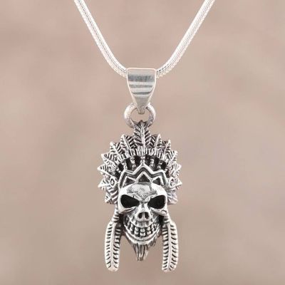 Alternate image for Mens Sterling Silver Warrior Skull Pendant Necklace Warrior Skull