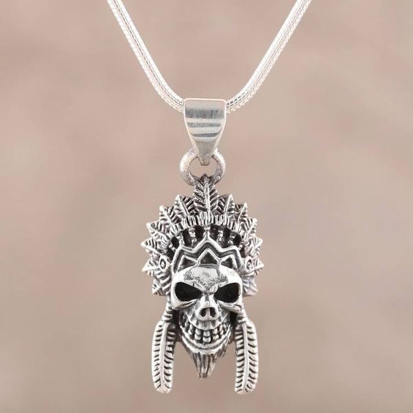 Alternate image for Mens Sterling Silver Warrior Skull Pendant Necklace Warrior Skull