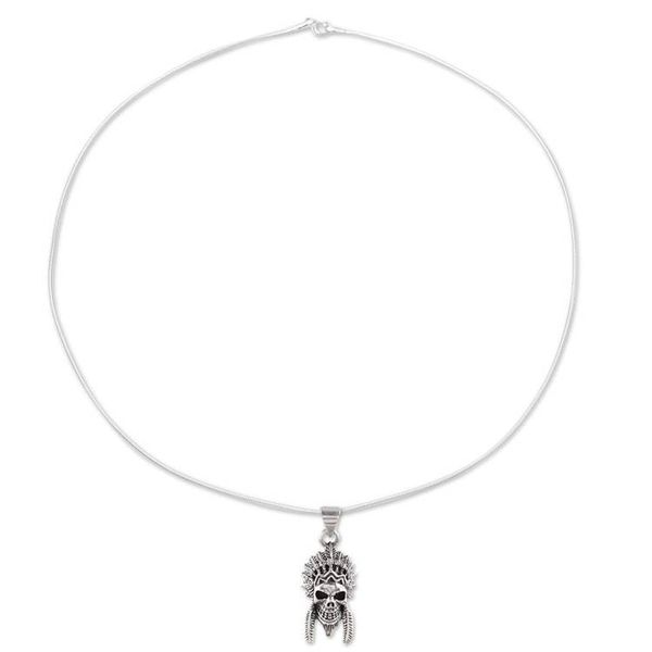 Alternate image for Mens Sterling Silver Warrior Skull Pendant Necklace Warrior Skull