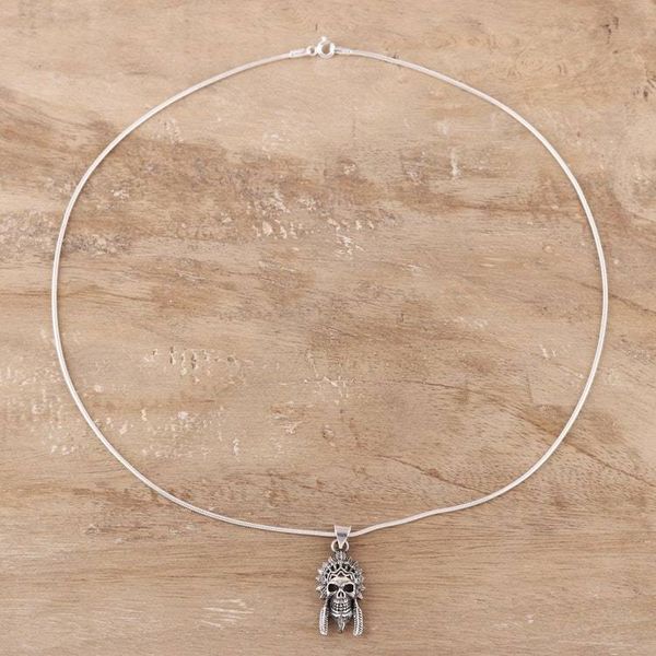 Alternate image for Mens Sterling Silver Warrior Skull Pendant Necklace Warrior Skull