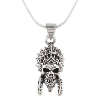 Alternate image for Mens Sterling Silver Warrior Skull Pendant Necklace Warrior Skull