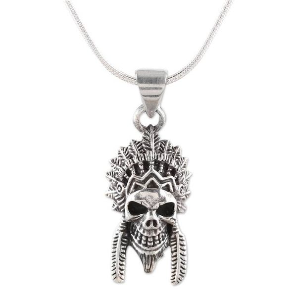 Alternate image for Mens Sterling Silver Warrior Skull Pendant Necklace Warrior Skull