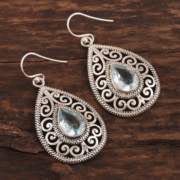 Alternate image for 6-Carat Blue Topaz Dangle Earrings from India Iridescent Vines