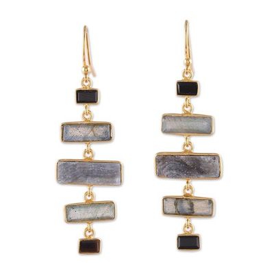 Alternate image for Gold-Plated 4-Carat Labradorite and Onyx Dangle Earrings Steps to Light