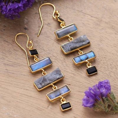 Alternate image for Gold-Plated 4-Carat Labradorite and Onyx Dangle Earrings Steps to Light