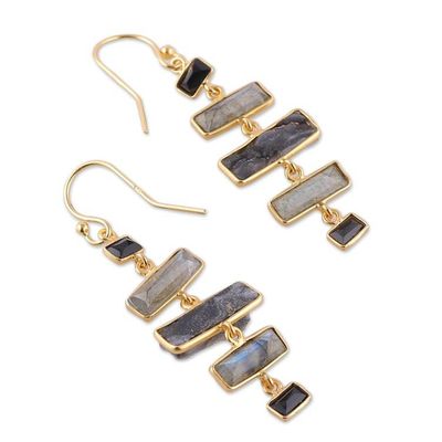 Alternate image for Gold-Plated 4-Carat Labradorite and Onyx Dangle Earrings Steps to Light