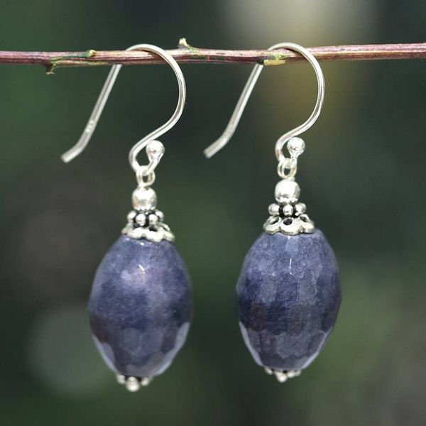 Alternate image for Silver Dangle Earrings with Blue Faceted Agate Gemstone Indigo Facets